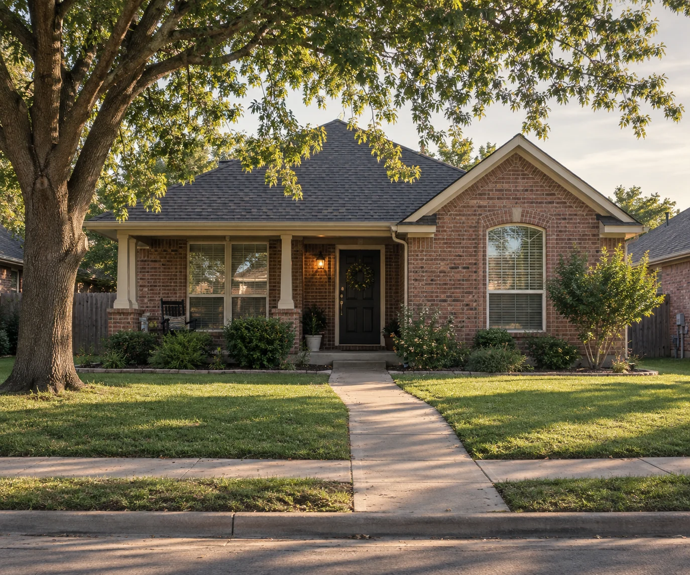 Brick home shaded by a mature tree